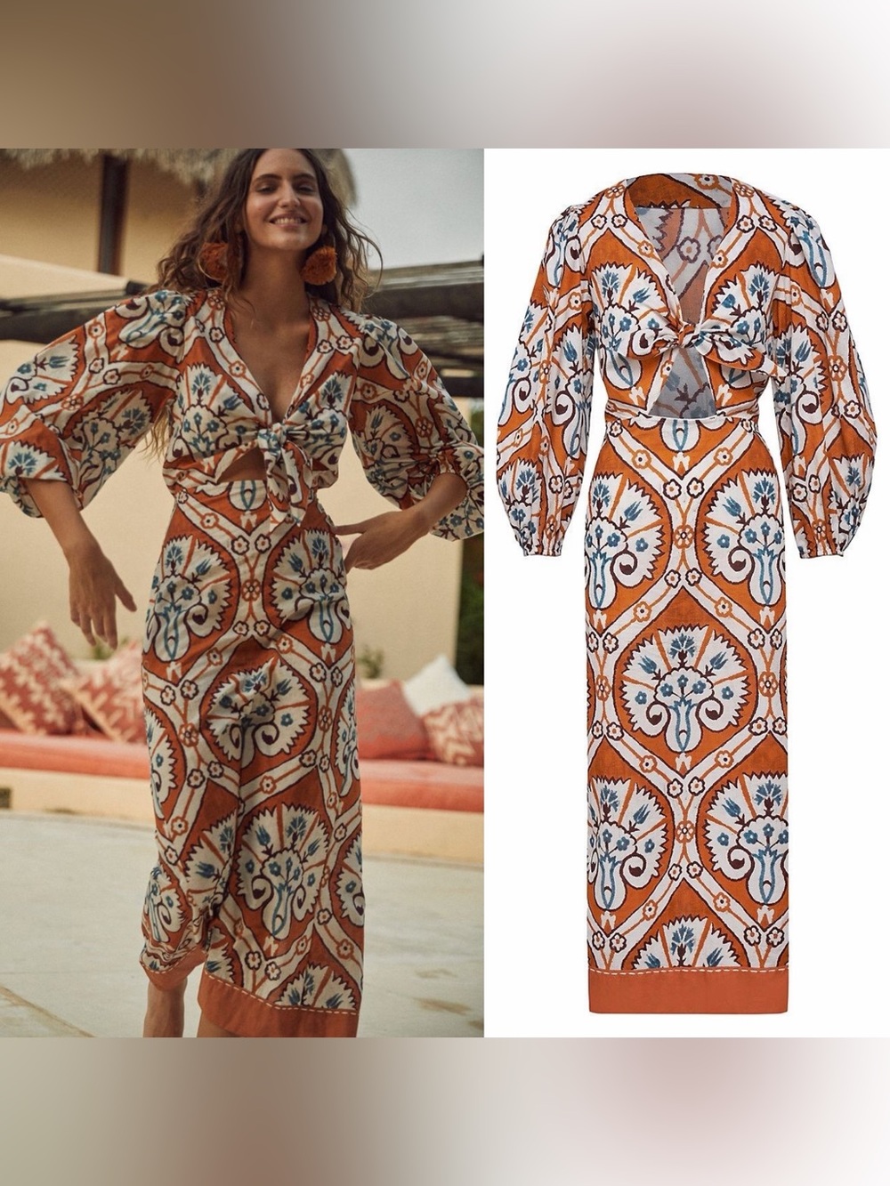 Johanna Ortiz‎ Couscous Joy Midi Dress Shells Print 8 EUC
